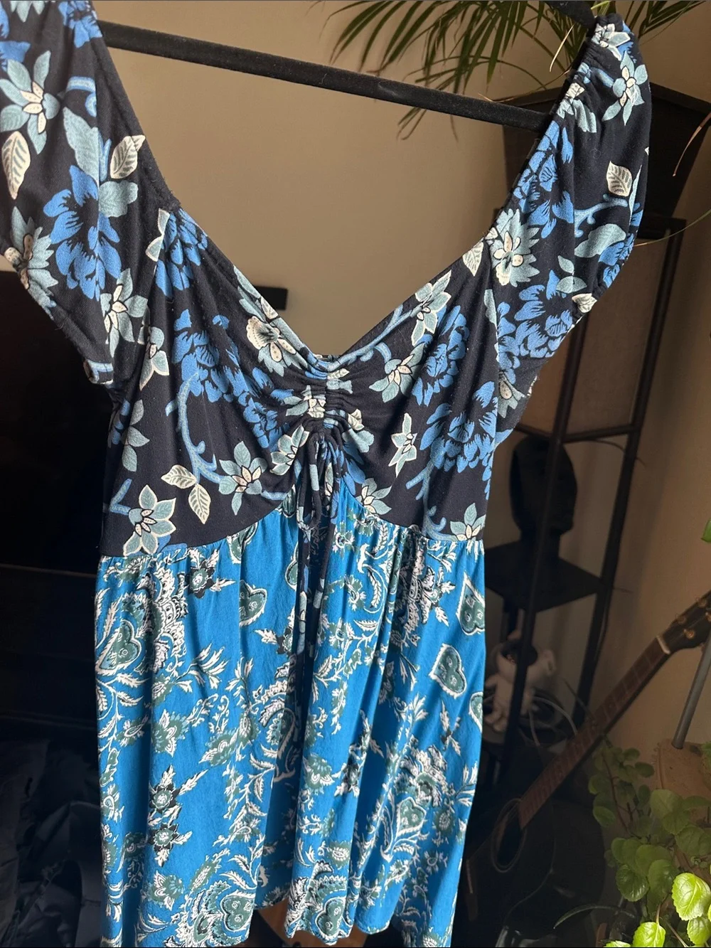 Free People Teal Paisley top with Black and Cream Accents sz L